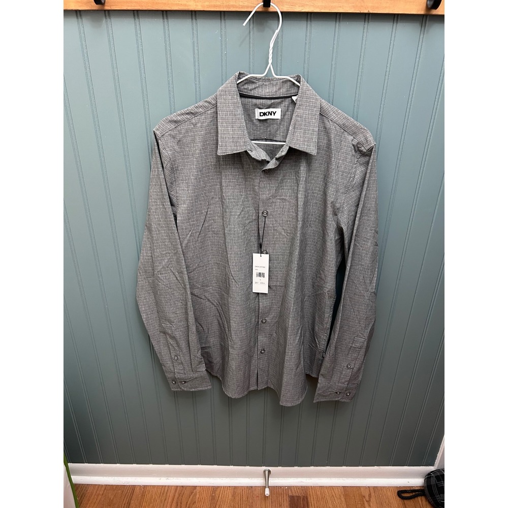 DKNY Mens Size Small Grey Plaid Long Sleeve Button Down Shirt Classic Fit‎